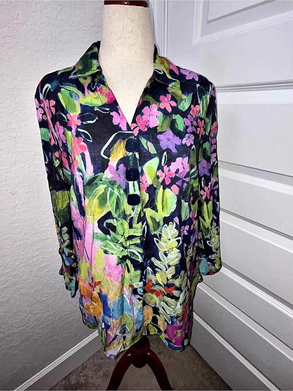 Claire Desjardins Watercolor Floral Print Long Sleeve Tunic Blouse Shirt Top